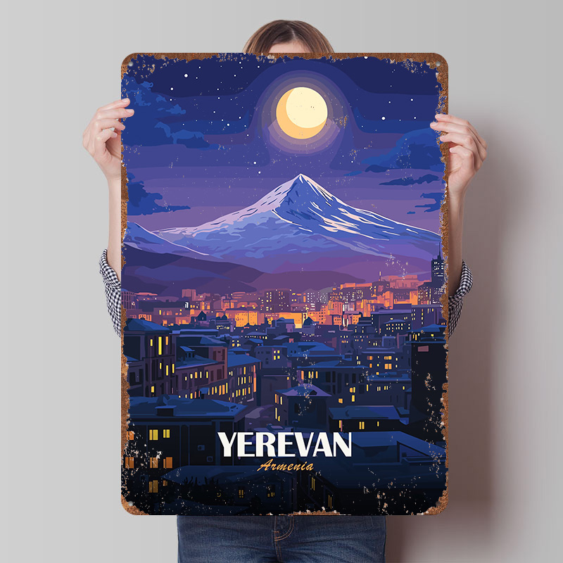 Home Decor Yerevan - Poster Logam Pemandangan Malam Yerevan Armenia,