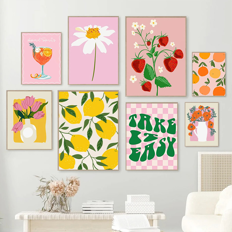 Geometric Wall Art - Lukisan Kanvas Motif Bunga Lemon Stroberi
